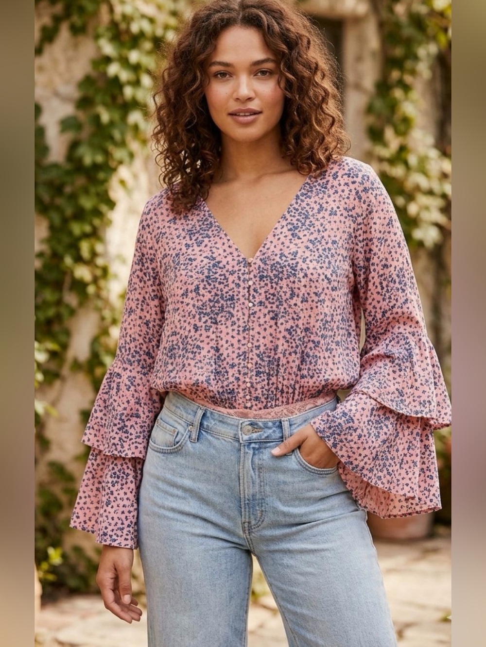 Intimately Free People Dusty Rose Blue Ditsy Floral Tiered Bell Sleeve Bodysuit
